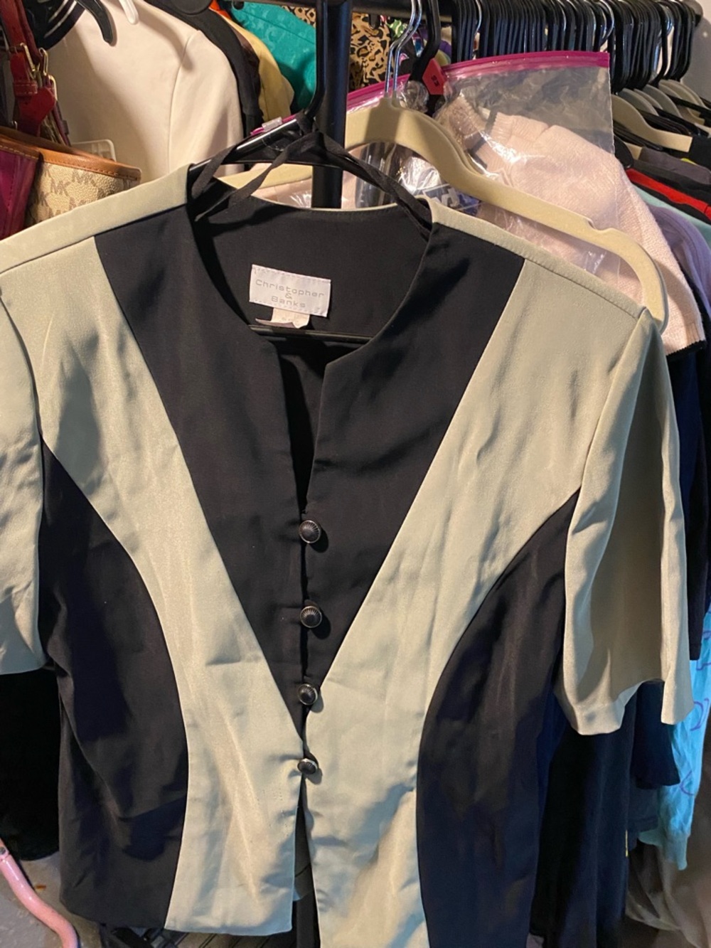 Christopher & Banks Black and pale olive green Colorblock Blazer blouse